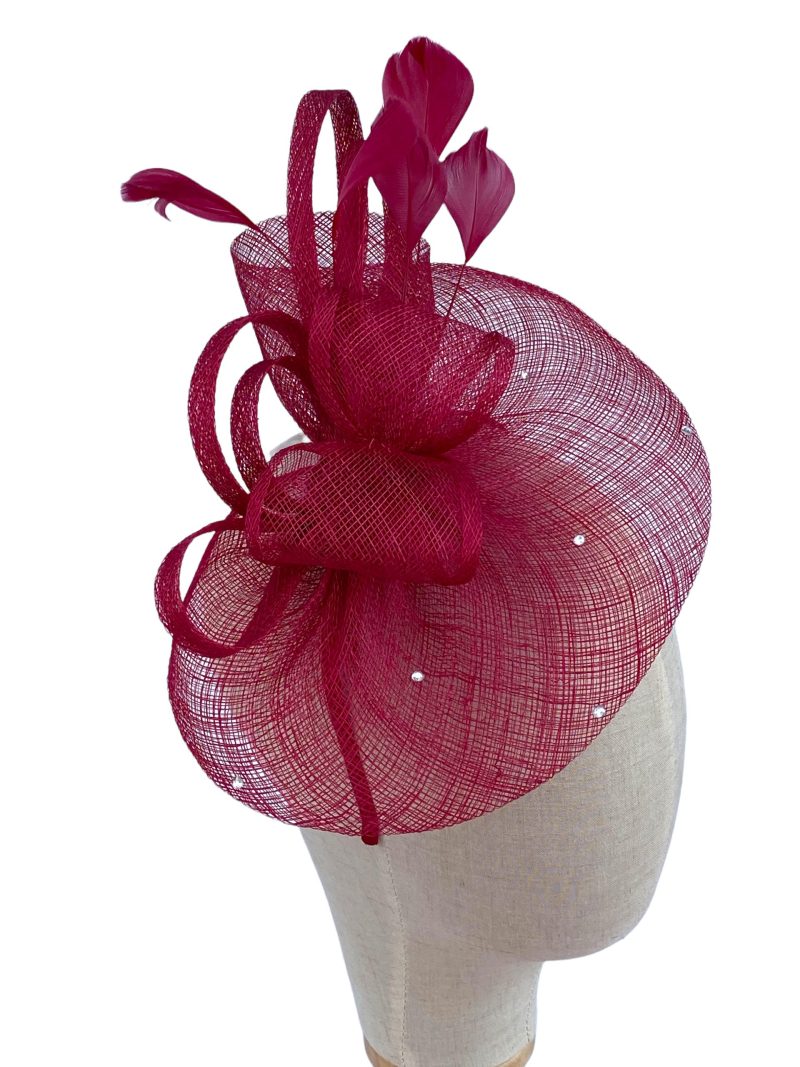 Red Sinamay Bow and Diamante Fascinator - Image 4