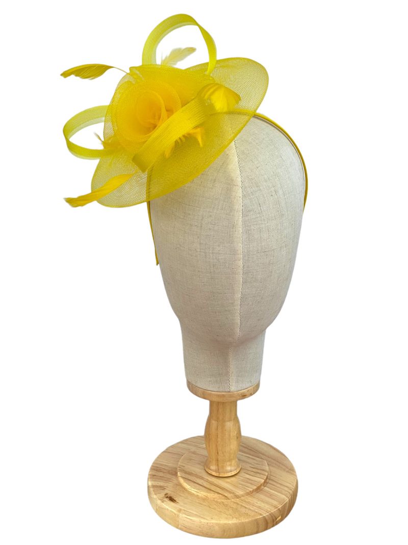 Bright Yellow Fascinator Mesh Loops 3 Flower Design - Image 4
