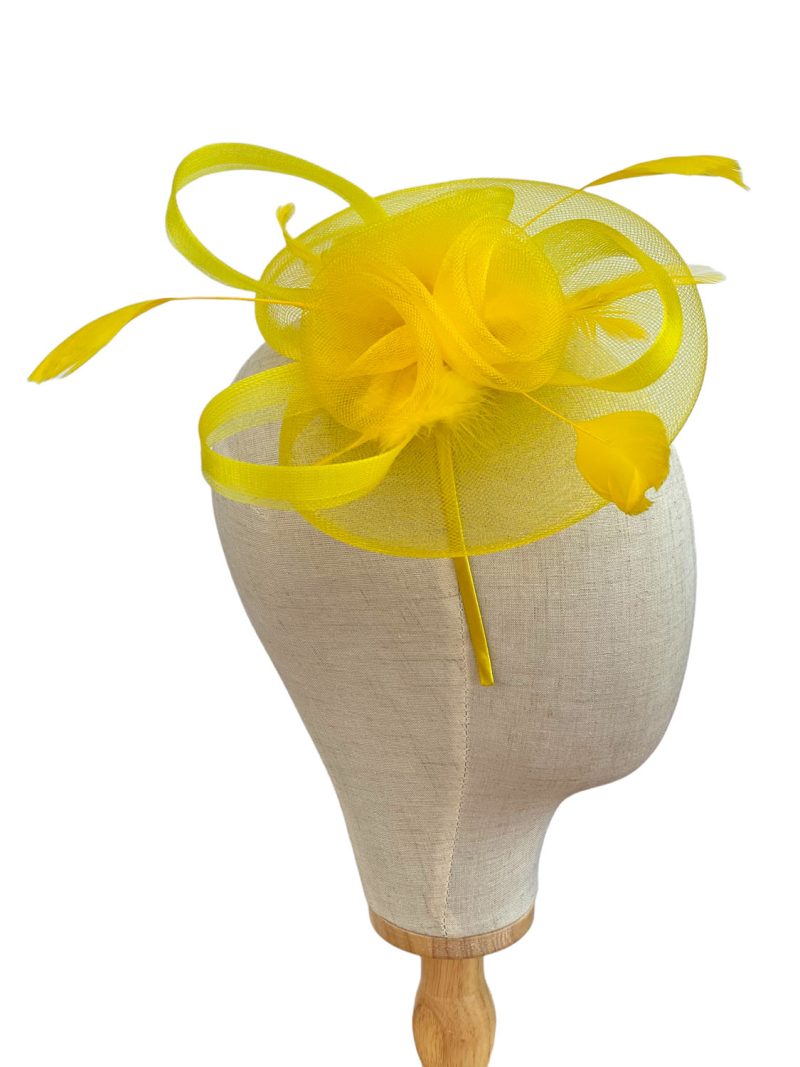 Bright Yellow Fascinator Mesh Loops 3 Flower Design - Image 3