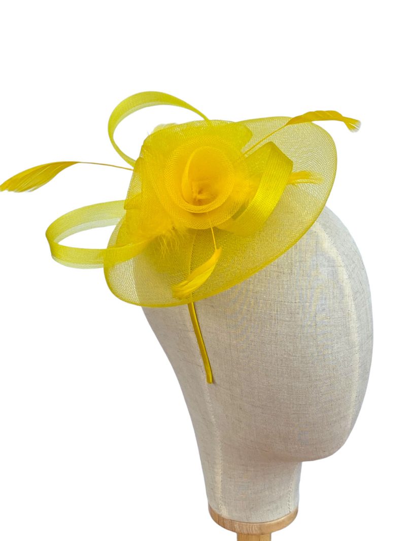 Bright Yellow Fascinator Mesh Loops 3 Flower Design - Image 2