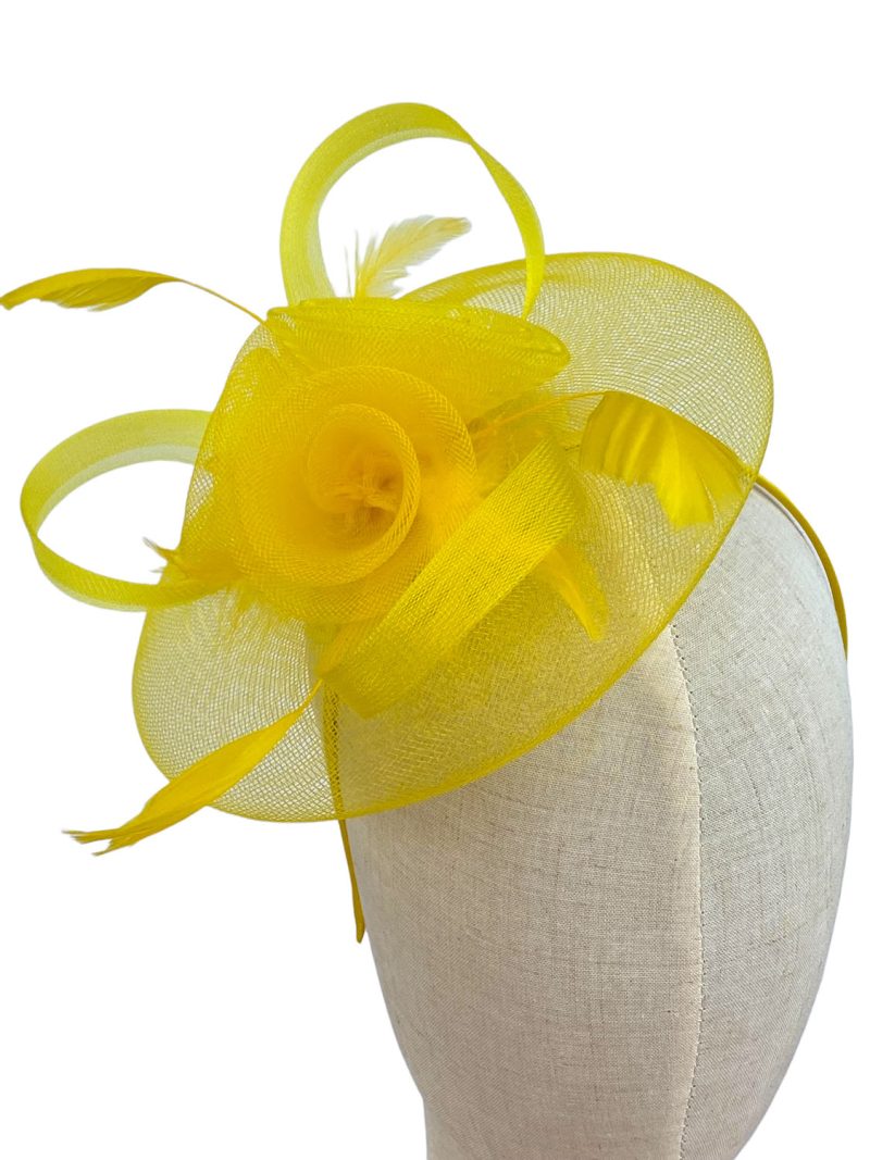 Bright Yellow Fascinator Mesh Loops 3 Flower Design - Image 5