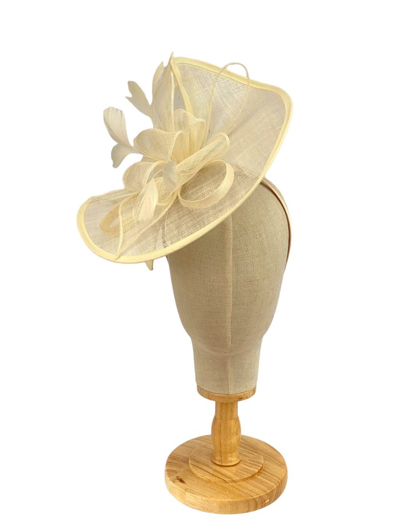 Large Sinamay Cream Looped Fascinator With Feathers - Image 2