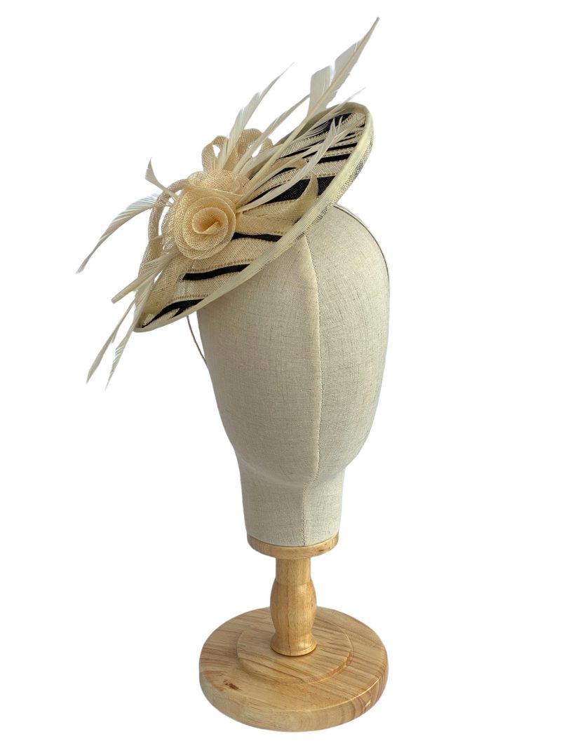 Cream And Black Zebra Stripe Sinamay Fascinator With Feathers - Image 2