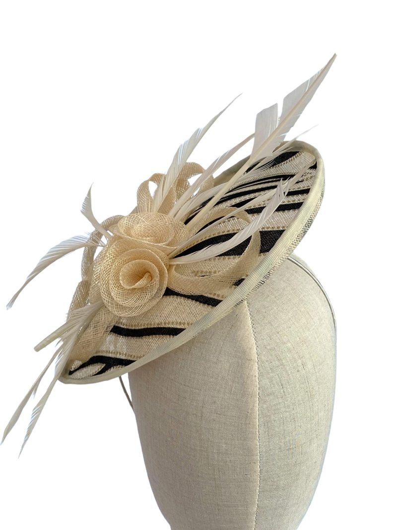 Cream And Black Zebra Stripe Sinamay Fascinator With Feathers - Image 3