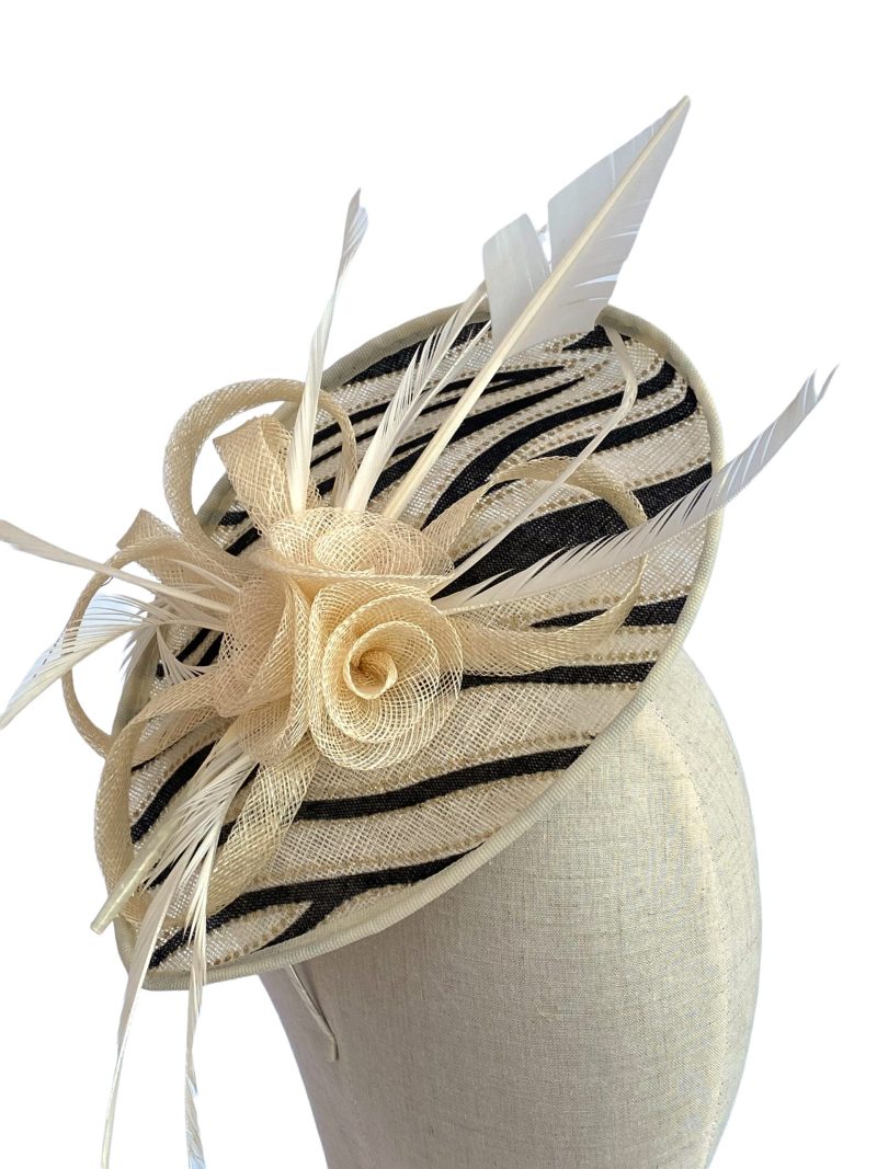 Cream And Black Zebra Stripe Sinamay Fascinator With Feathers - Image 4