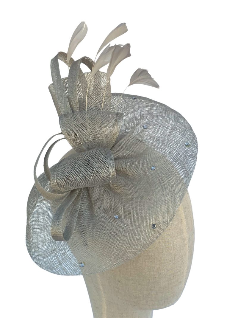 Light Grey Sinamay Bow and Diamante Fascinator - Image 4
