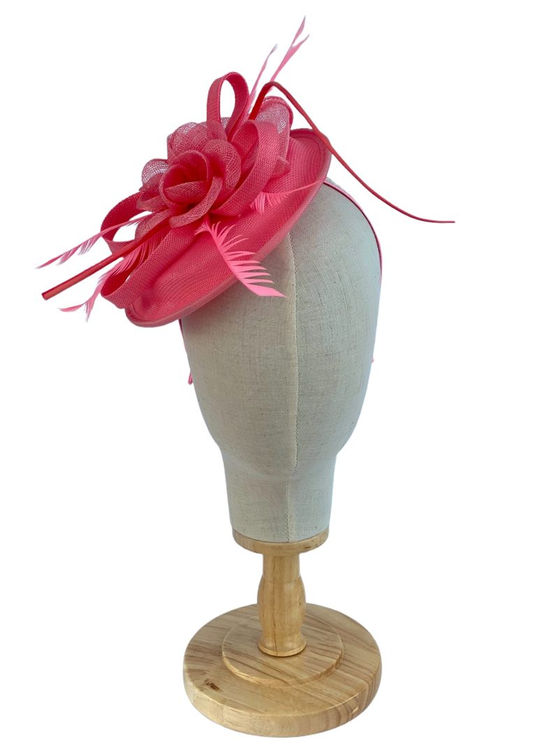 Pink Sinamay Disc Fascinator With Feathers - Image 2