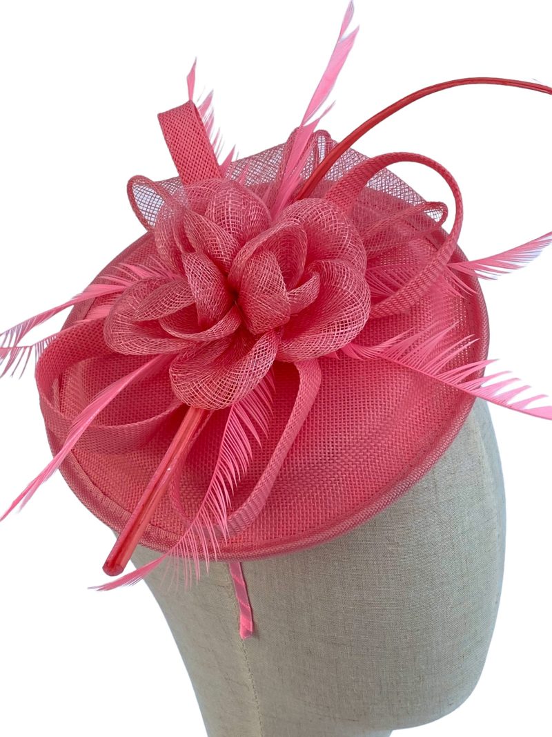 Pink Sinamay Disc Fascinator With Feathers - Image 3