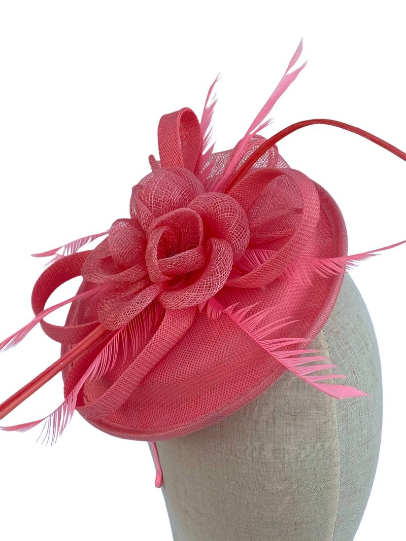 Pink Sinamay Disc Fascinator With Feathers - Image 4
