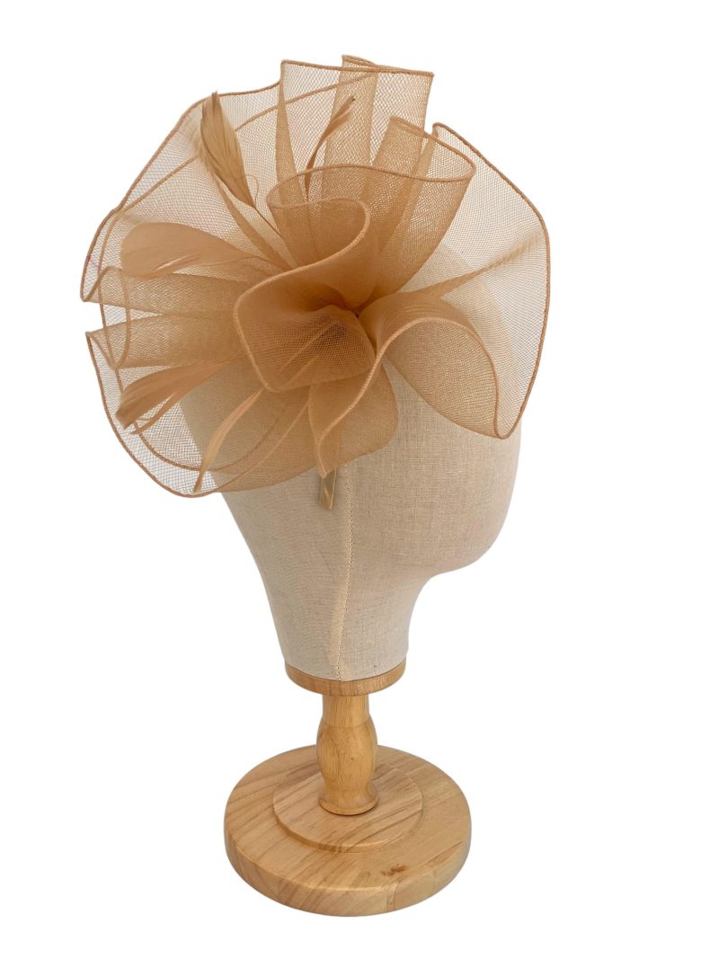 Khaki Large Curled Fascinator With Feathers - Image 4
