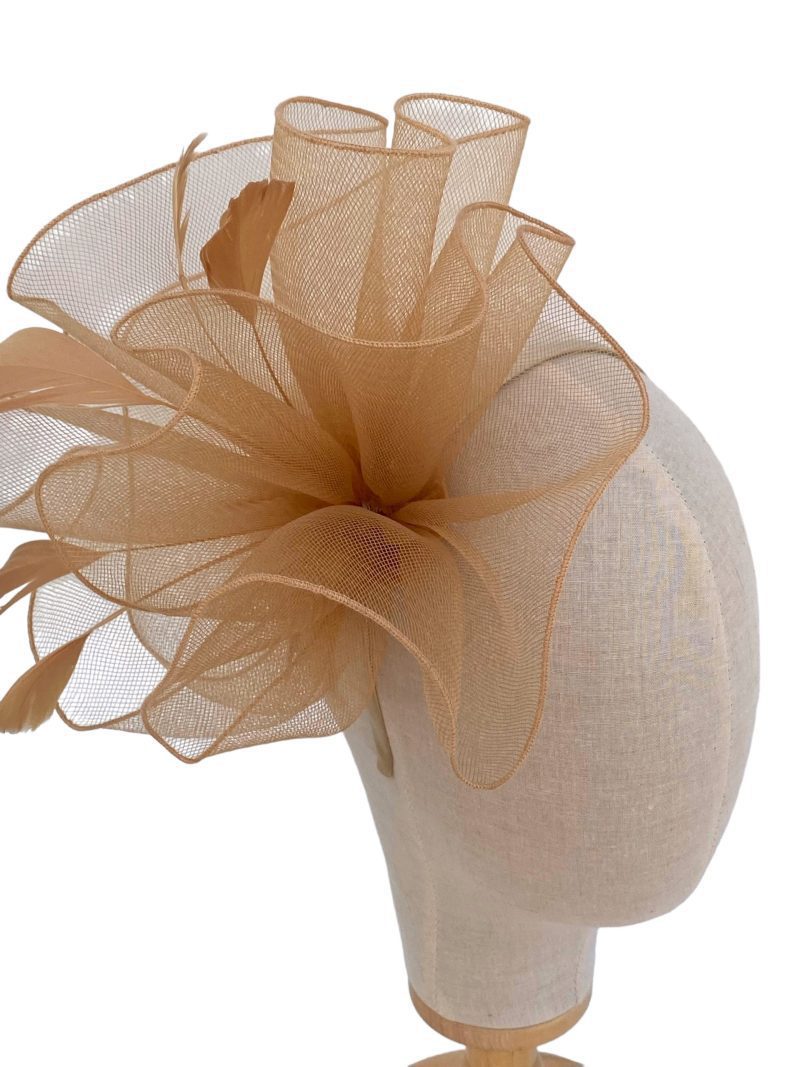 Khaki Large Curled Fascinator With Feathers - Image 3