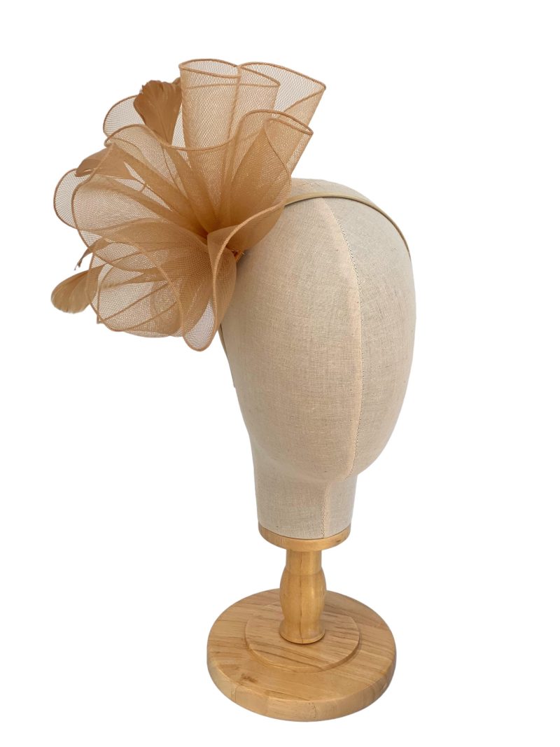 Khaki Large Curled Fascinator With Feathers - Image 2