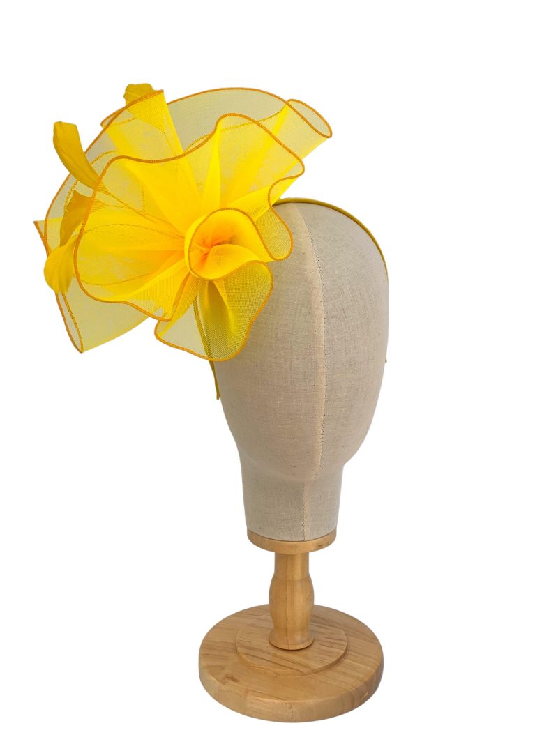 Bright Yellow Large Curled Fascinator With Feathers - Image 4