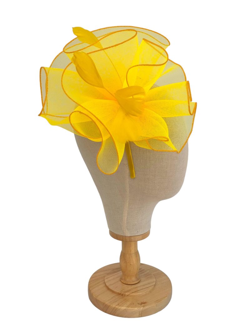 Bright Yellow Large Curled Fascinator With Feathers - Image 3