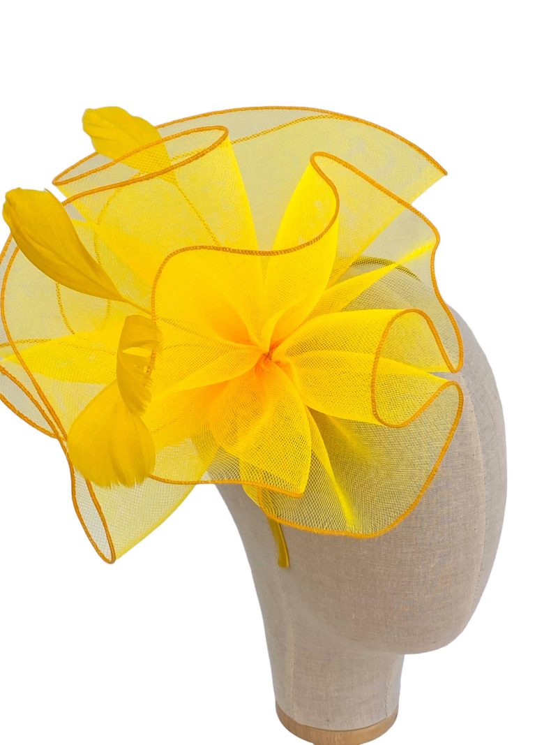 Bright Yellow Large Curled Fascinator With Feathers - Image 2