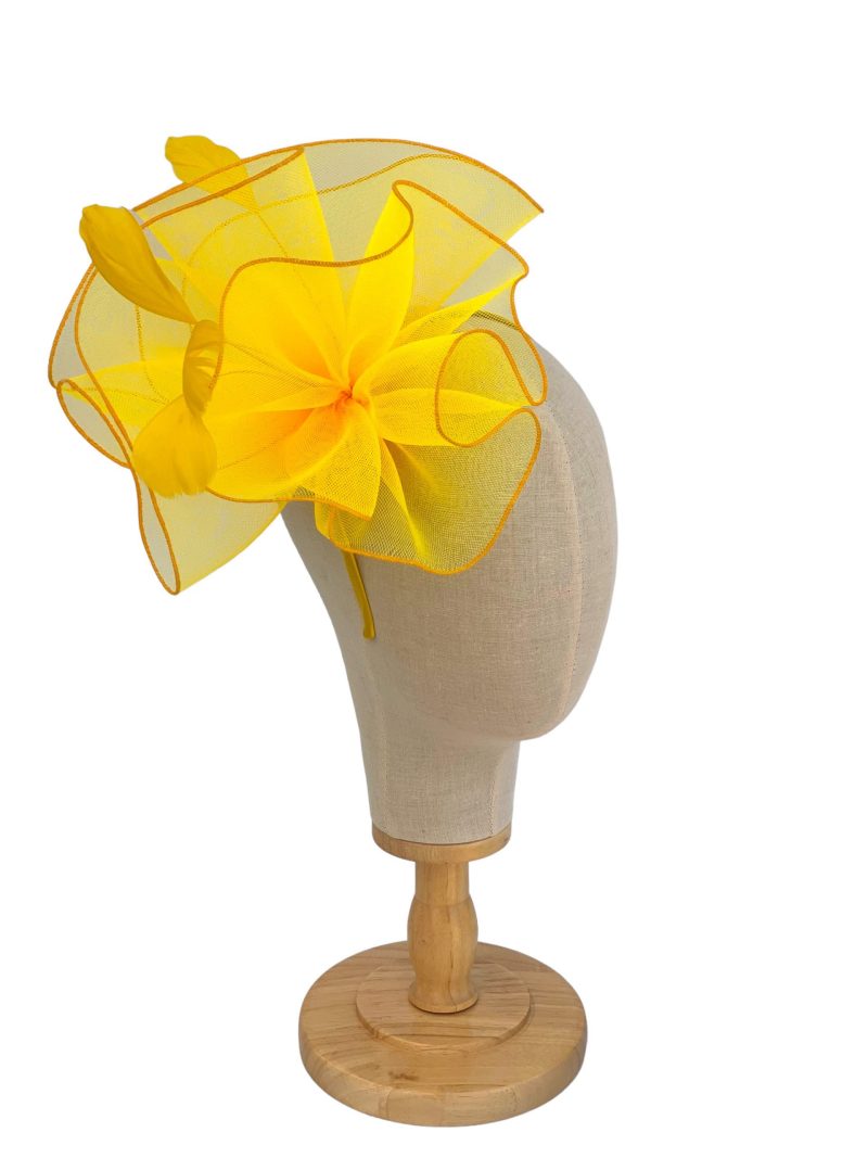 Yellow Large Curled Fascinator With Feathers