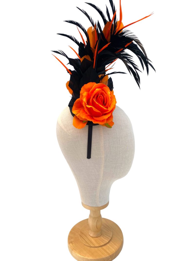 Black And Orange Rose Feather Curl Fascinator - Image 2