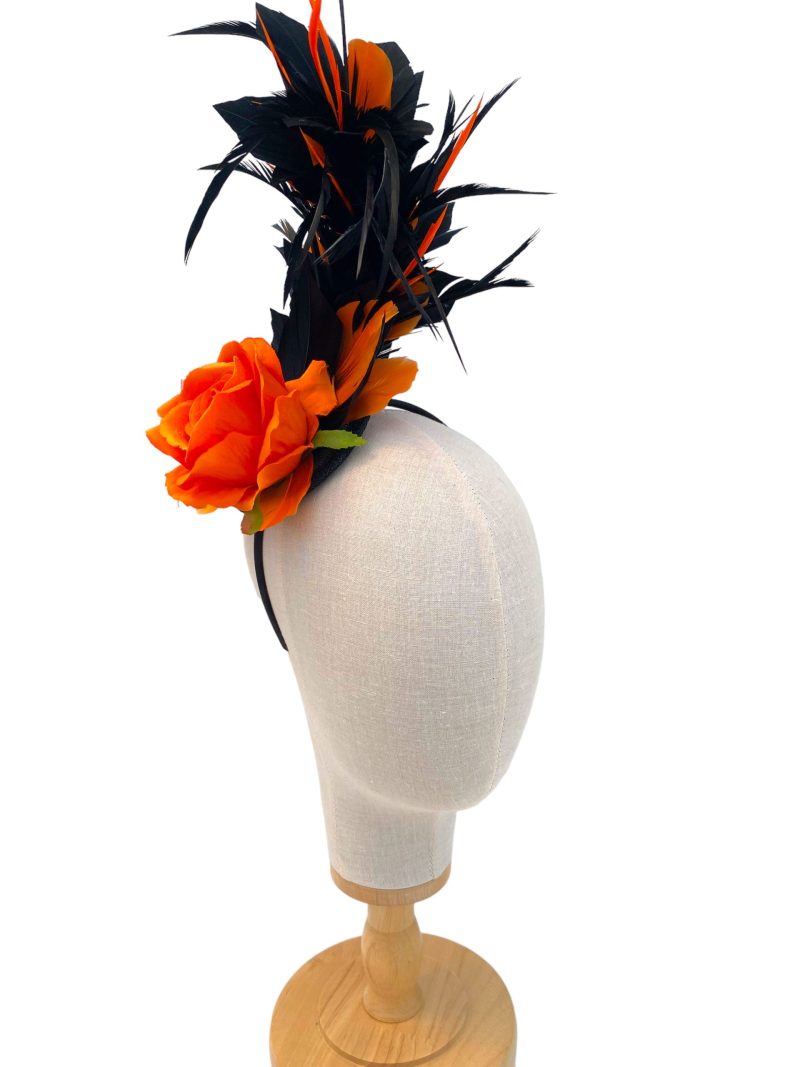 Black And Orange Rose Feather Curl Fascinator - Image 4