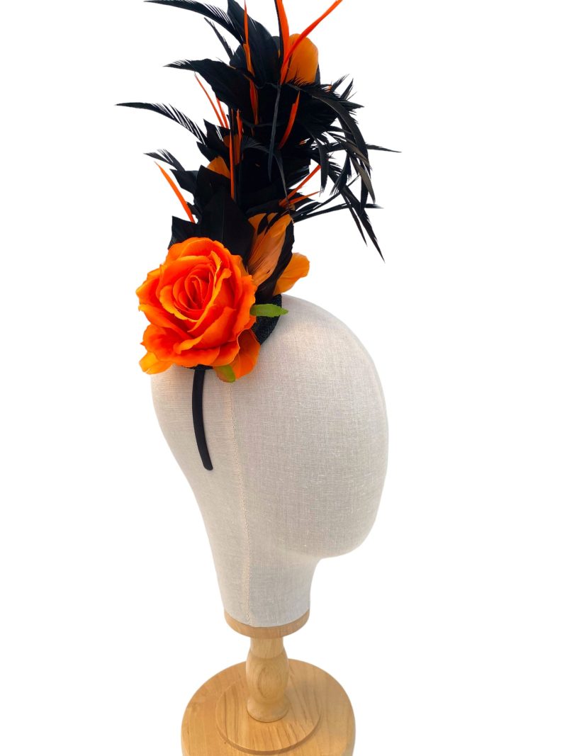Black And Orange Rose Feather Curl Fascinator - Image 3