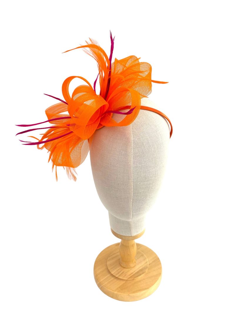 Orange And Pink Loop Bow Fascinator With Feathers - Image 5
