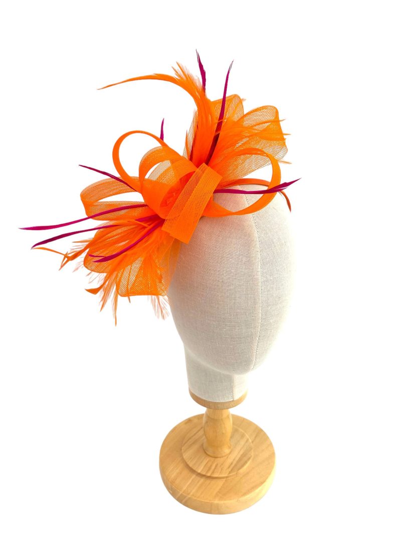 Orange And Pink Loop Bow Fascinator With Feathers - Image 4