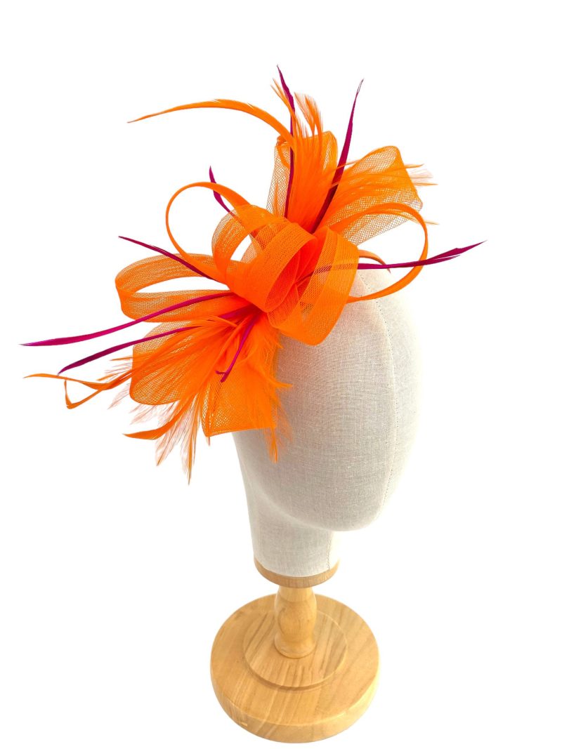 Orange And Pink Loop Bow Fascinator With Feathers - Image 3