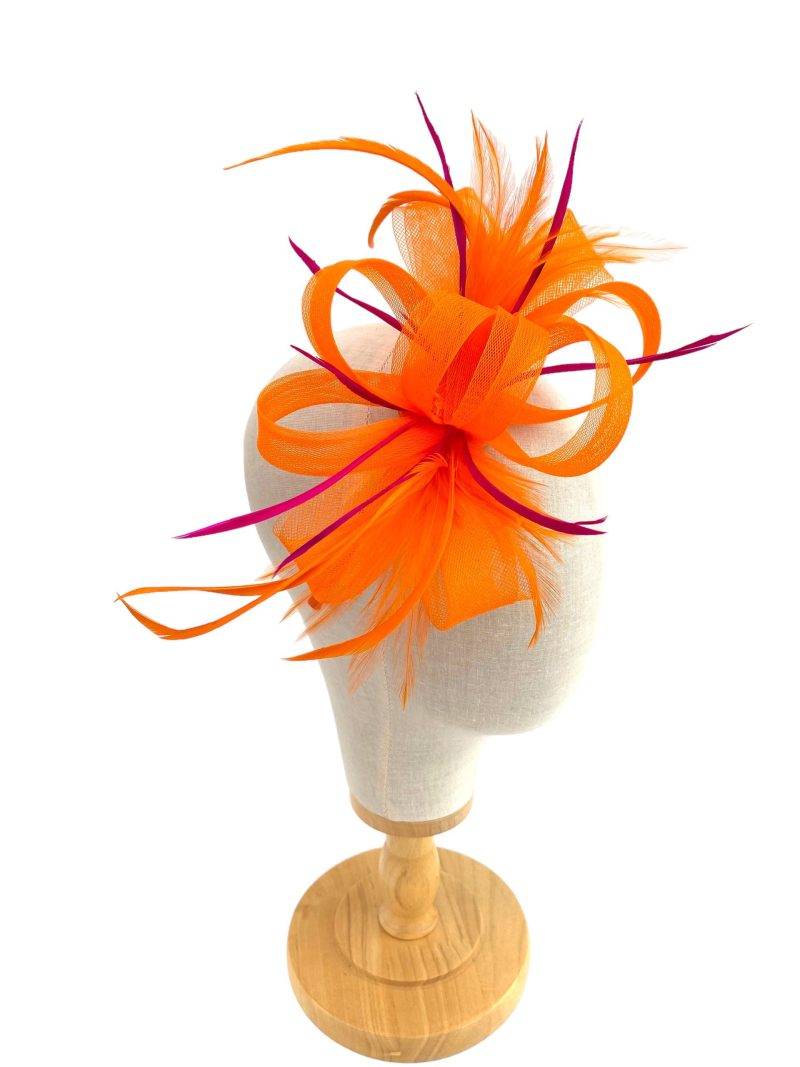 Orange And Pink Loop Bow Fascinator With Feathers - Image 2