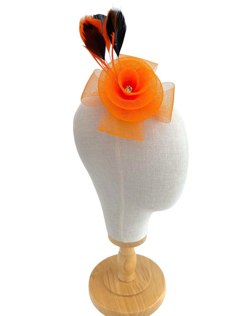 Orange and Black Small Mesh Flower Fascinator - Image 4