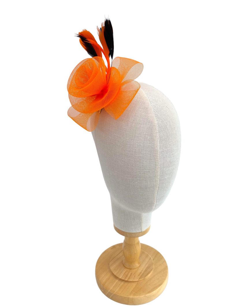 Orange and Black Small Mesh Flower Fascinator - Image 3