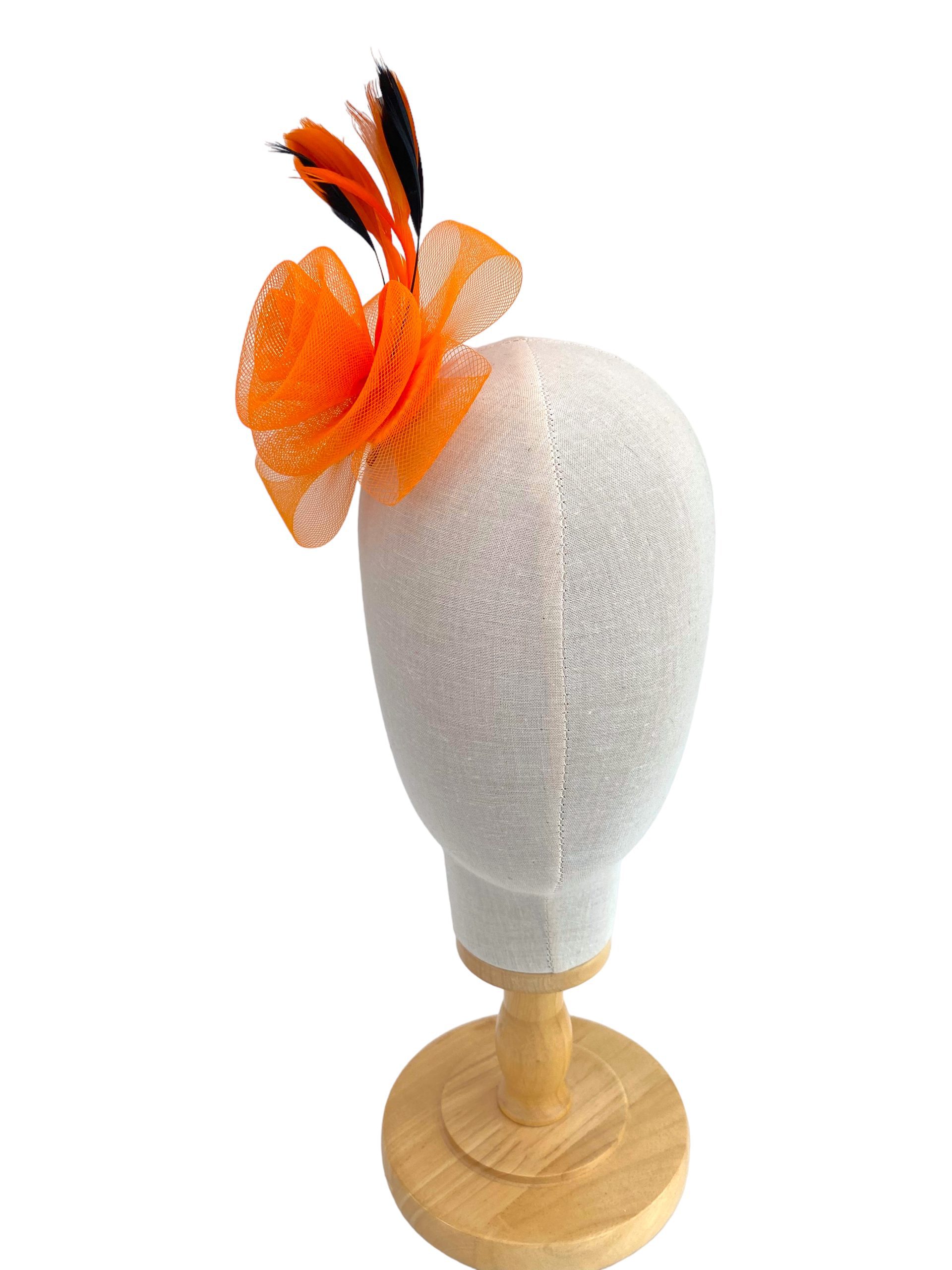 Orange and Black Small Mesh Flower Fascinator - Image 2