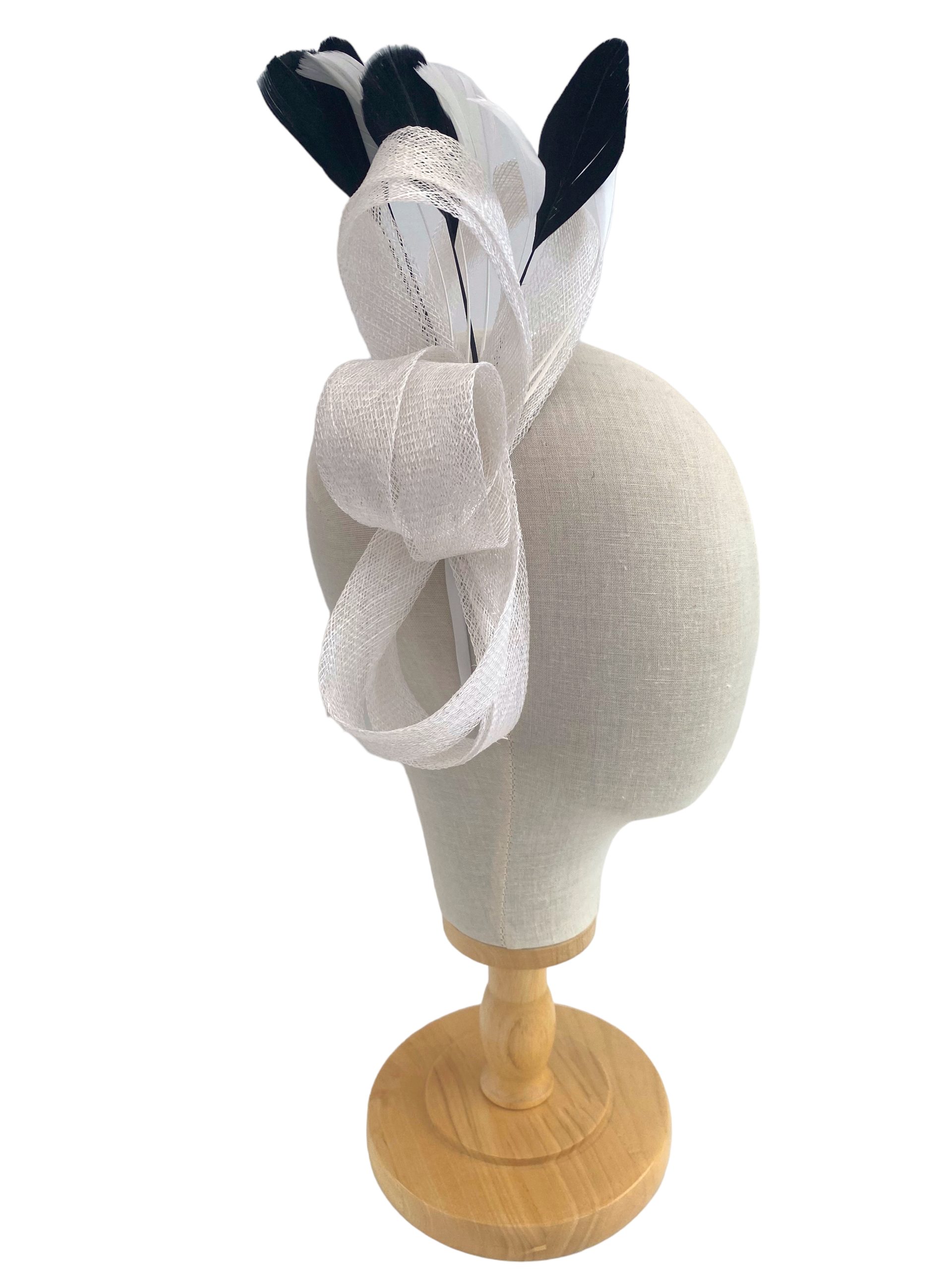 White Elegant Sinamay Fascinator With Black And White Goose Feathers - Image 2