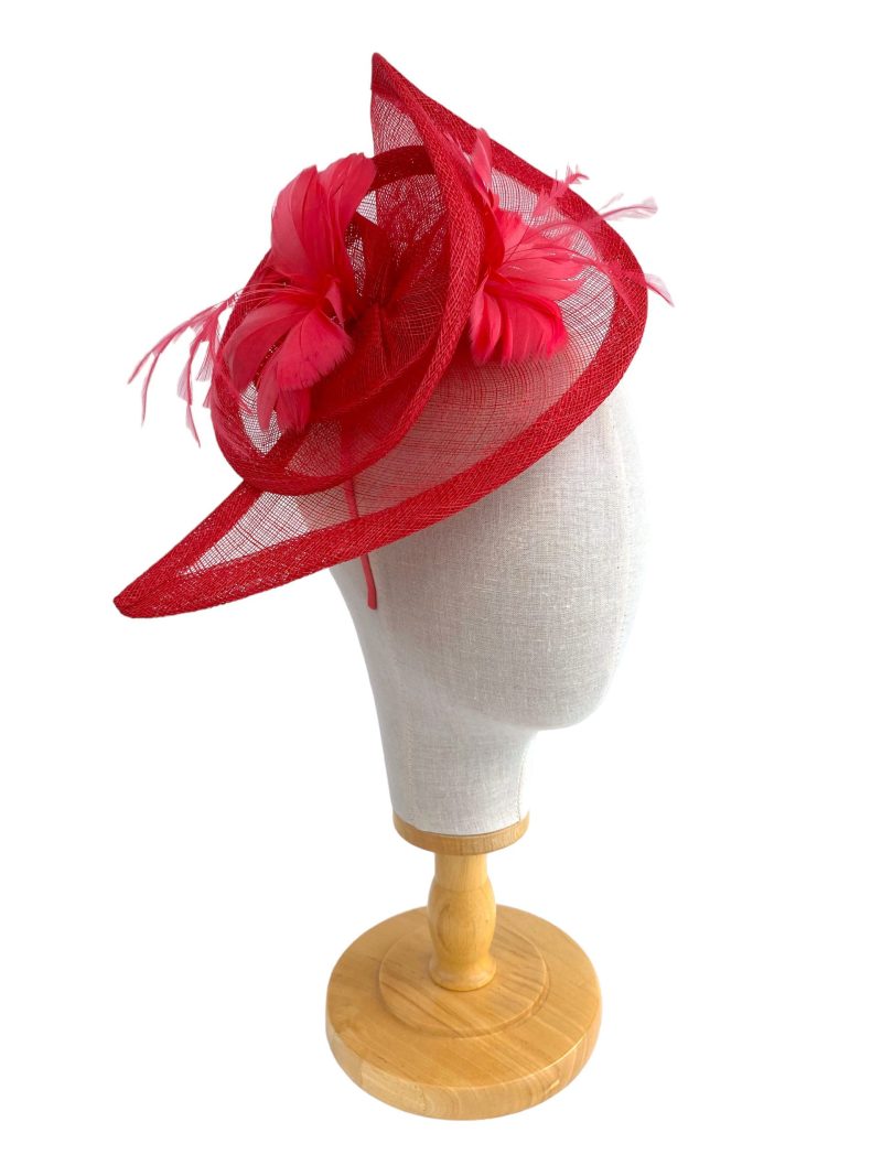 Coral Pink Large Curled Sinamay Fascinator With Double Feather Flower - Image 3