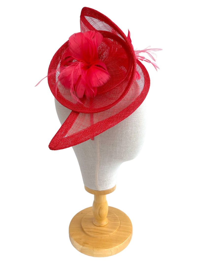 Coral Pink Large Curled Sinamay Fascinator With Double Feather Flower - Image 2