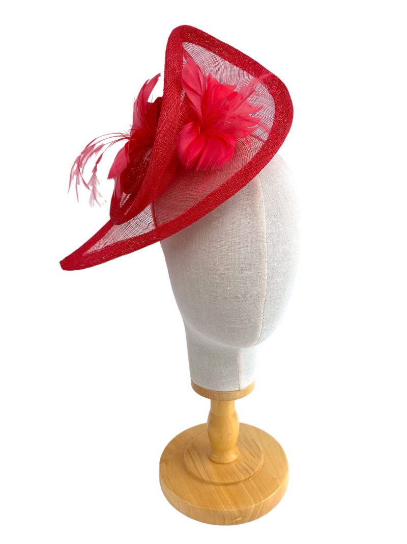 Coral Pink Large Curled Sinamay Fascinator With Double Feather Flower - Image 5