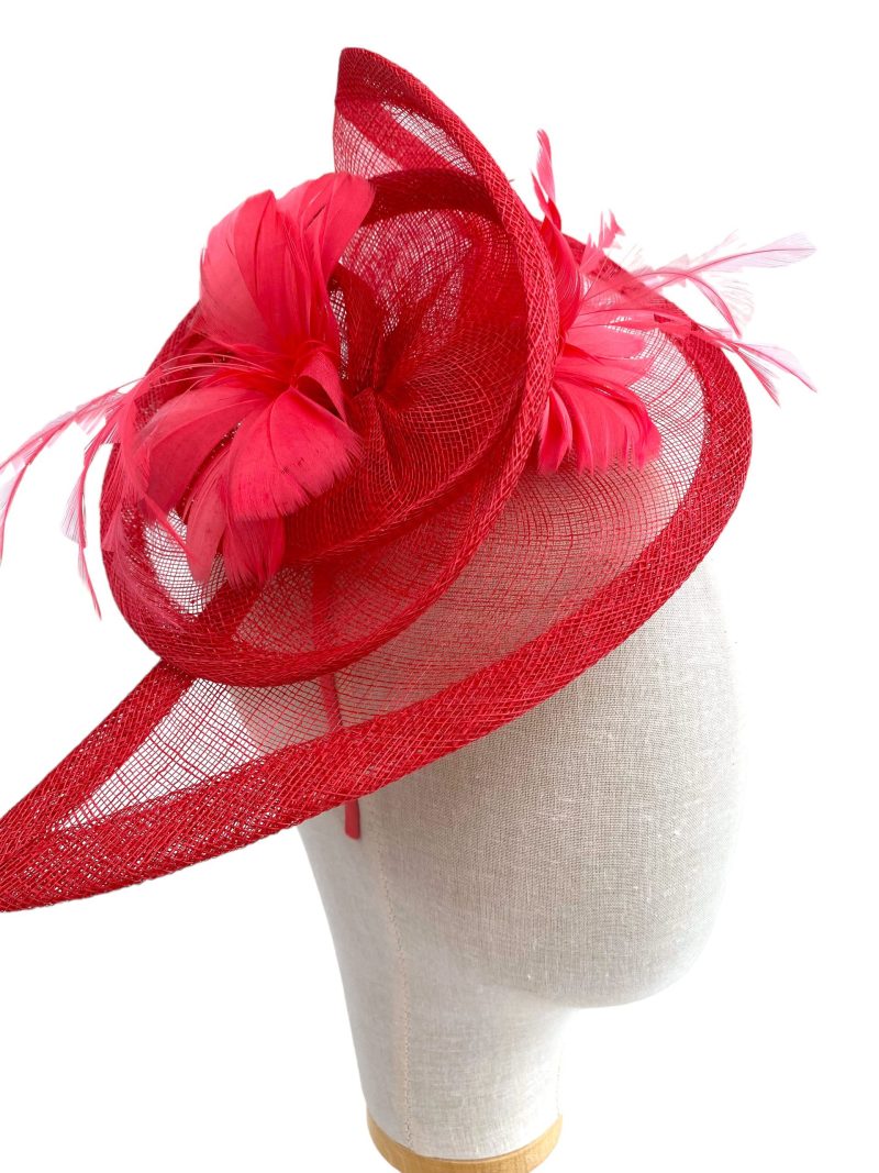 Coral Pink Large Curled Sinamay Fascinator With Double Feather Flower - Image 4
