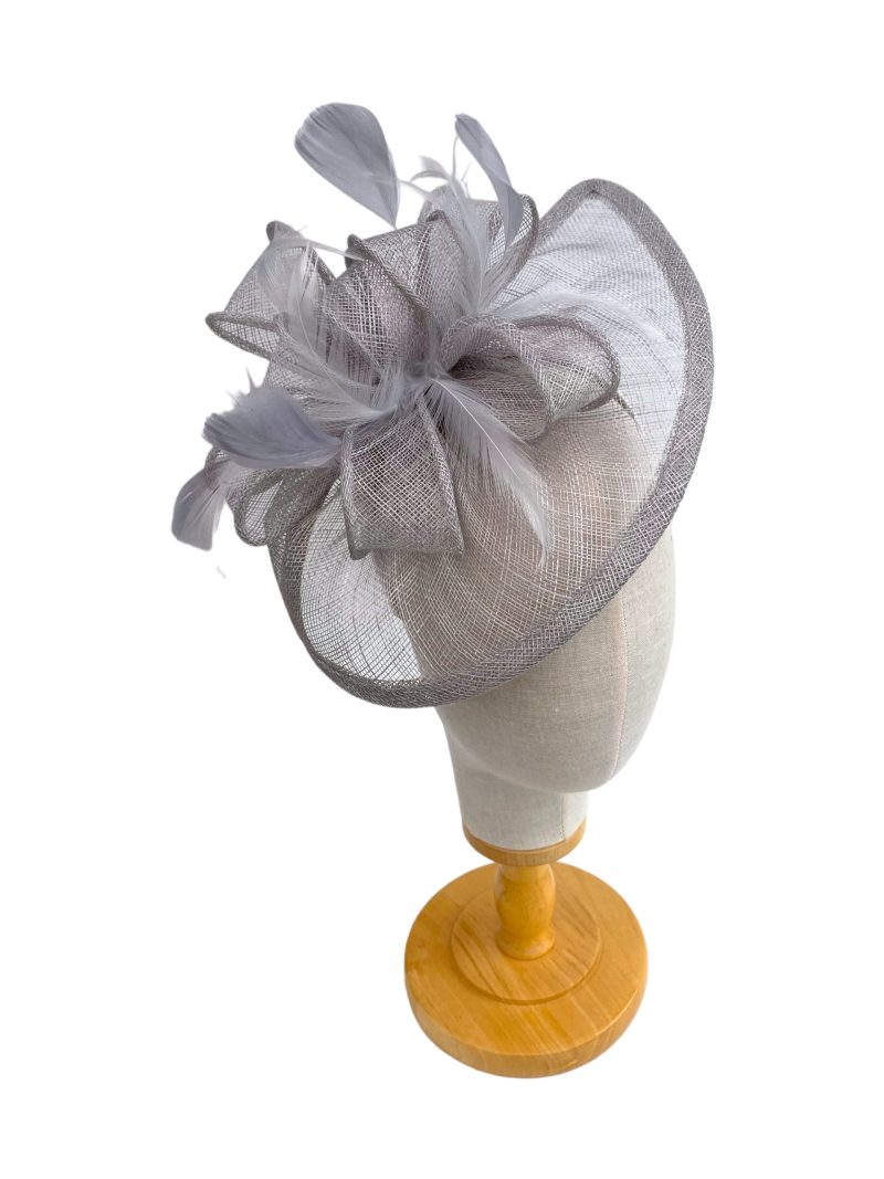 Grey Sinamay Bow and Feather Teardrop Fascinator - Image 2