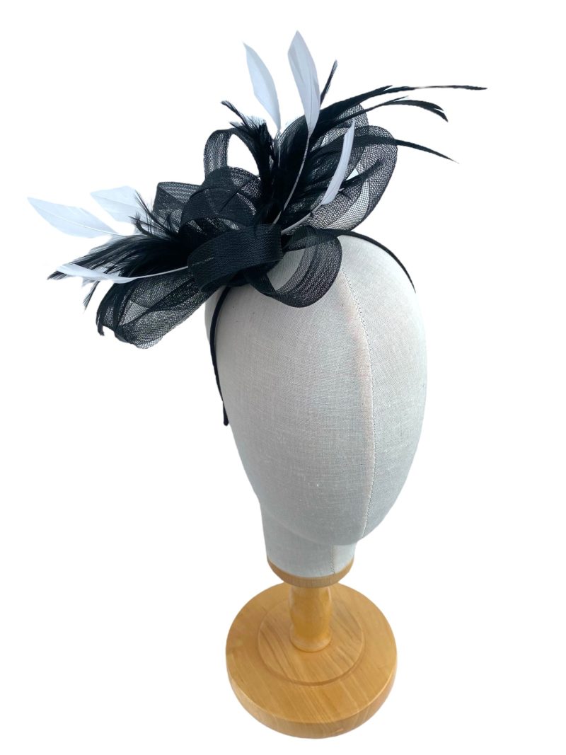 Black Bow Fascinator With White Diamond Feathers - Image 2
