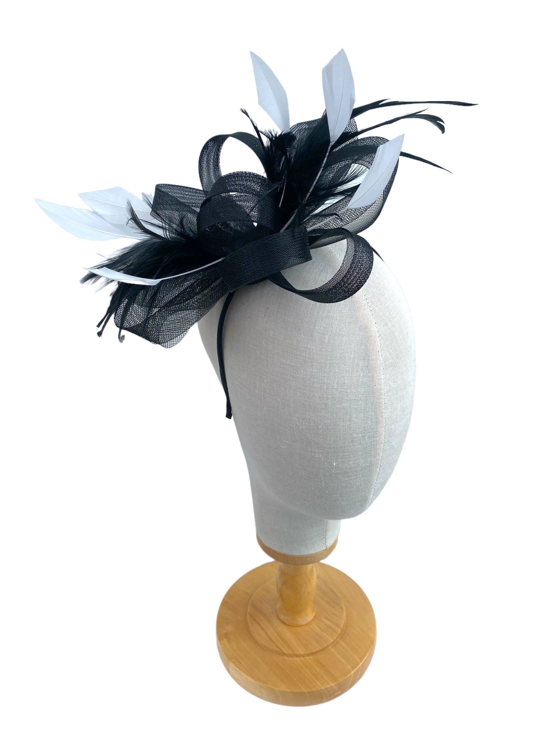 Black Bow Fascinator With White Diamond Feathers - Image 3