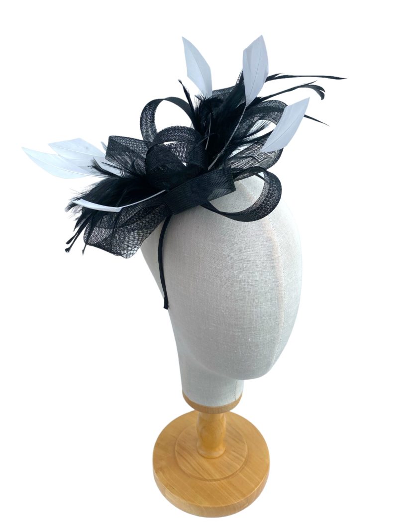 Black Bow Fascinator With White Diamond Feathers - Image 4