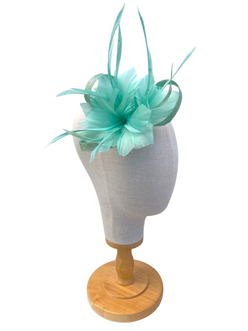 Small Mint Green Double Flower Feather Clip Fascinator