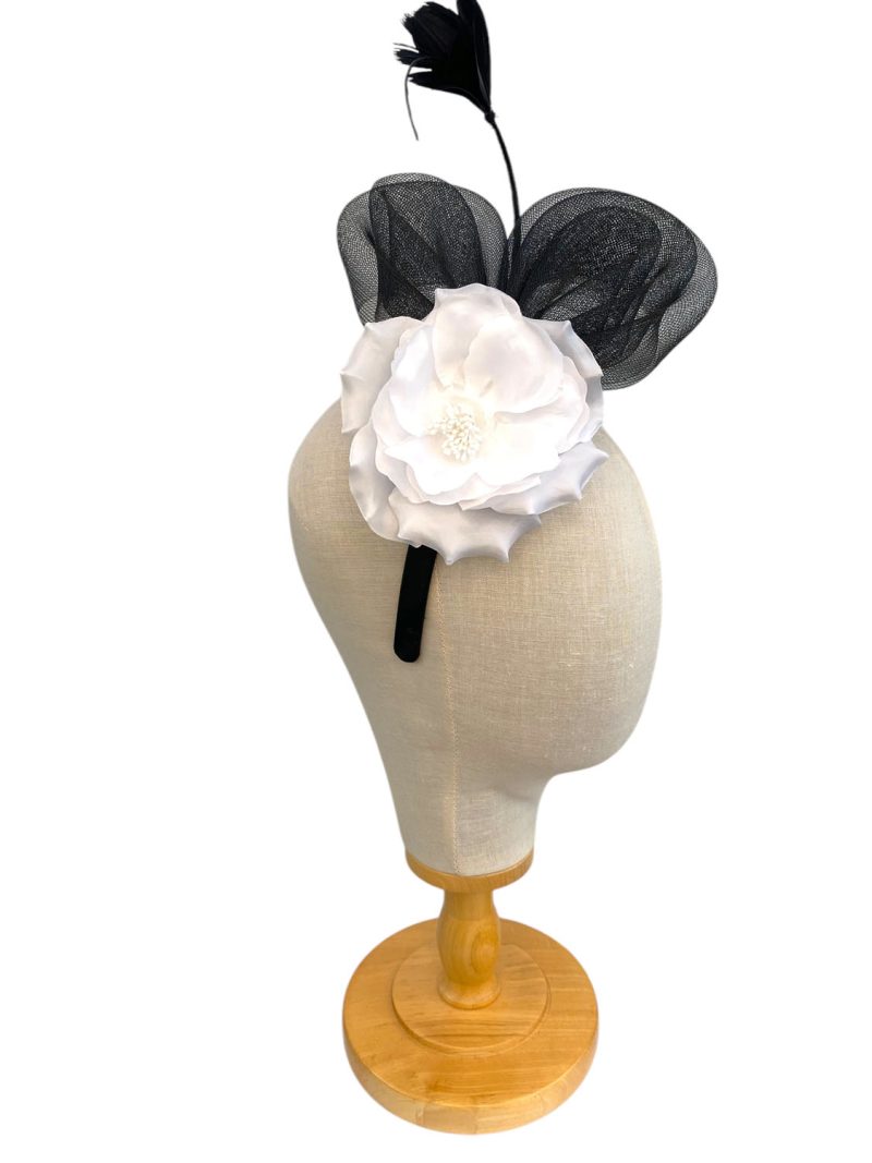 Black and White Flower Headband Fascinator - Image 4