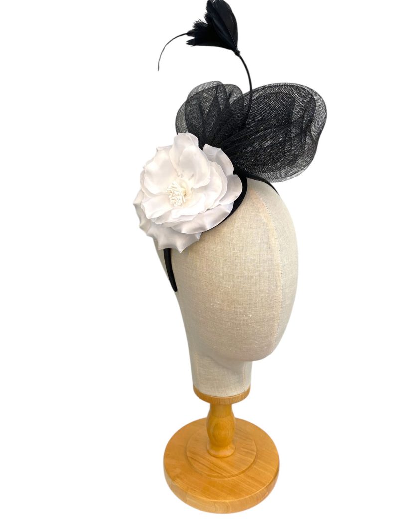 Black and White Flower Headband Fascinator - Image 3