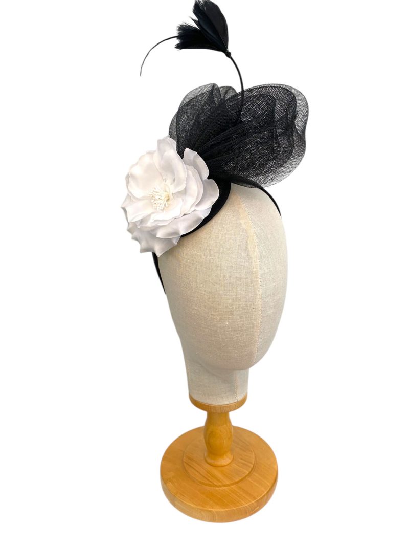 Black and White Flower Headband Fascinator - Image 2