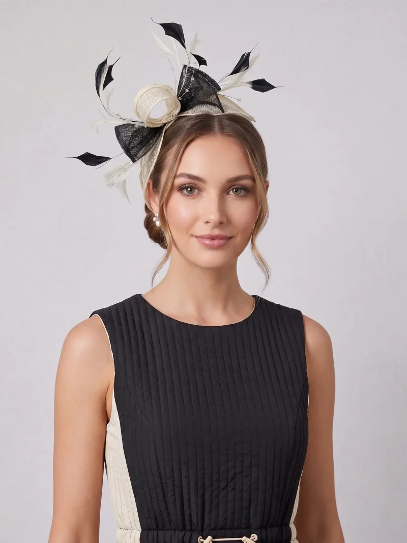 Woman wearing a black pleated dress with beige side panels and an elaborate beige-black feather fascinator on a light background.