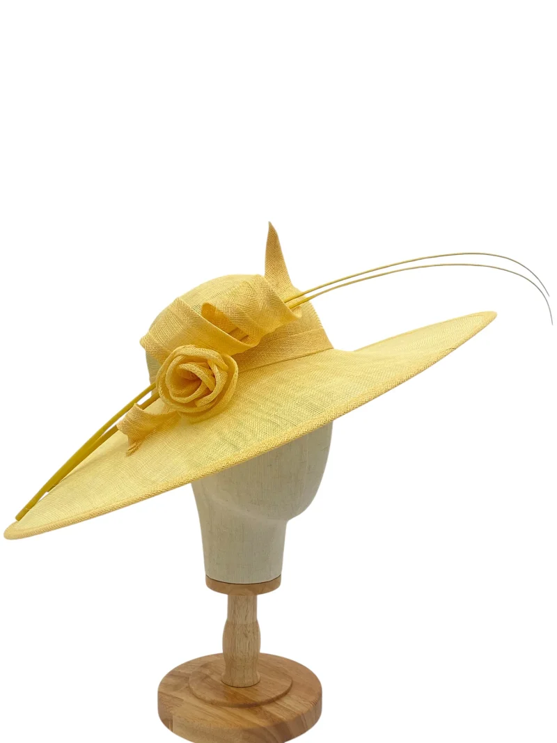 Mother of the bride large lemon brim wedding hat with sinamay rosette, side profile on a mannequin head