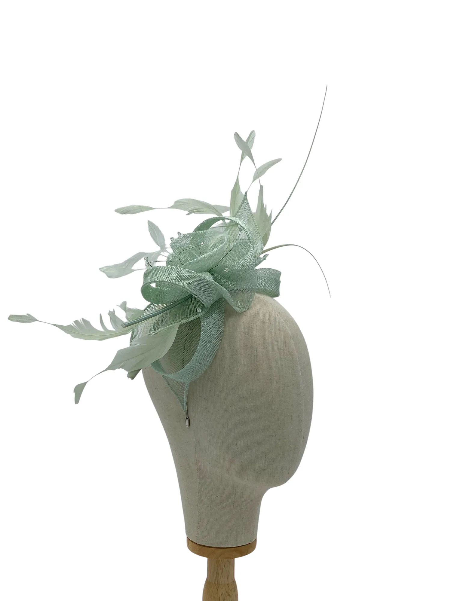 Aqua sinamay wedding or races fascinator with looped trim and feathers, side three-quarter view on a mannequin head