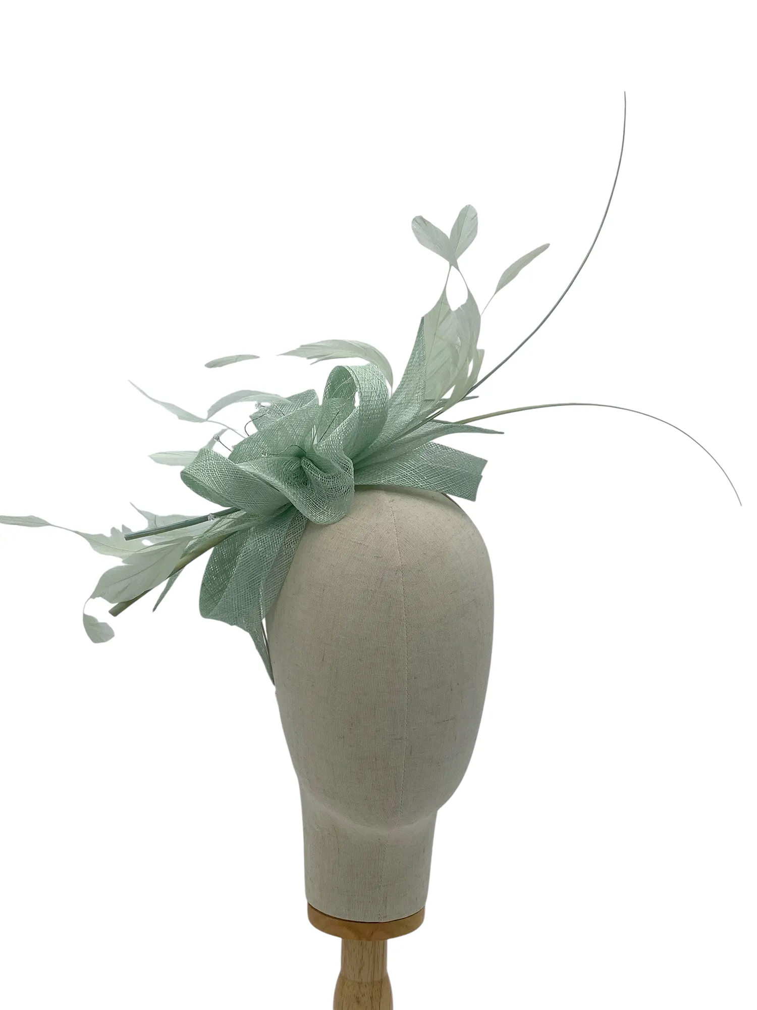 Aqua sinamay wedding or races fascinator with sinamay loops and quill, front-angle view on a mannequin head