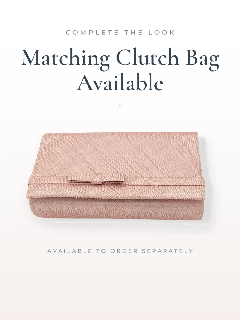 Pink textured clutch purse on a white background with marketing text above: 'Matching Clutch Bag Available' (advertising product).