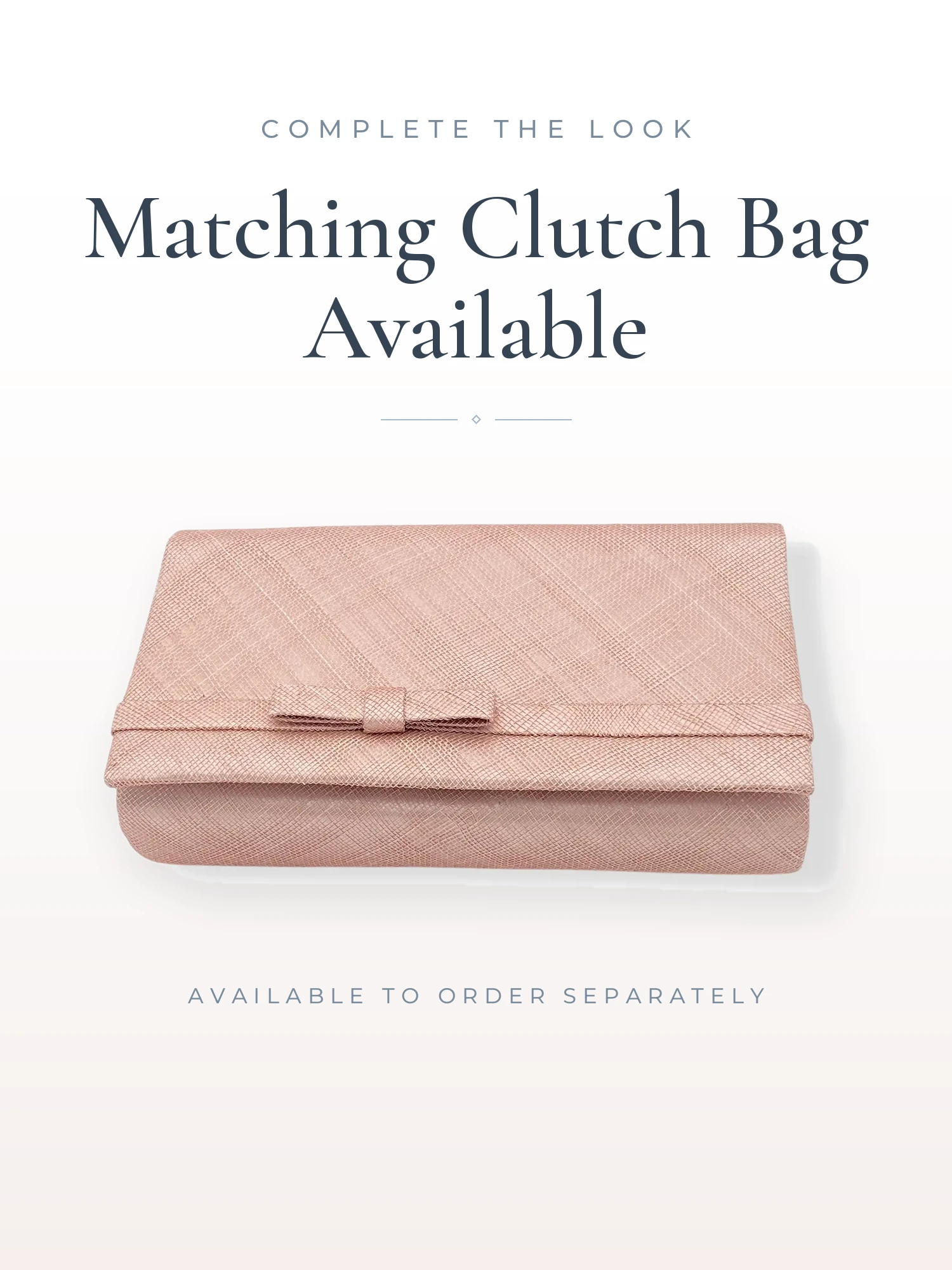 Pink textured clutch purse on a white background with marketing text above: 'Matching Clutch Bag Available' (advertising product).