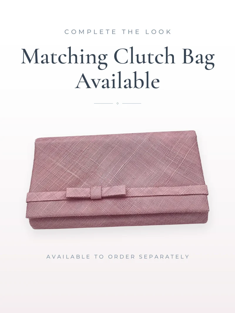 Promotional image showing a pink textured clutch bag on a white background with the text 'Available to order separately' below it (marketing hero).